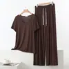 Conjunto de Pijama Delgado de Color Sólido Talla Grande para Mujer Primavera/Verano, Modal Cuello en V Manga Corta Pantalón de Pierna Ancha Ropa de Casa Conjunto de Dos Piezas