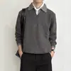 Suéter Retro Americano Falso de Dos Piezas con Cuello en V para Hombre, Invierno Cuello Solapa Estilo Old Money Top de Punto, Chaqueta Estilo Perezoso