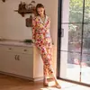[História de Frutas] Pijama Estampado 100% Algodão para Mulheres, Conjunto de Roupa Caseira de Algodão com Gola e Manga Longa para Primavera e Outono, Que Pode Ser Usado Fora