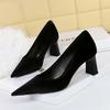 6188-9 Zapatos de tacón alto con punta estrecha para mujer, estilo europeo y americano, sencillos, de terciopelo occidental, con punta estrecha y tacón grueso.