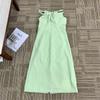 Vestido Francés de Verano Verde Manzana con Tirantes Arrugados, Cuello U Halter, Corte Holgado Adelgazante, Falda Línea A, Fresco y Artístico
