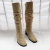 Botas holgadas fruncidas estilo europeo y americano para mujer 2025 Otoño Punta cuadrada Caña alta Gamuza Tacón grueso Hasta la rodilla Tacón medio Sin cordones Botas largas