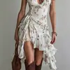 Marca Independente 2026 Moda Casual Europeia e Americana da Amazon Vestido Feminino com Estampa Floral de Alça e Decote V com Babados