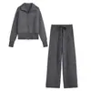 Conjunto casual de cardigã de tricô com zíper duplo e gola virada + calça reta de cintura alta com cordão