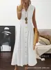 Falda Larga de Mujer para Exportación Europea y Americana 2023 Aliexpress Amazon Vestido de Cuello de Solapa Color Liso Botones Sin Mangas Dobladillo Completo
