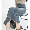 Saia Midi Jeans Cauda de Peixe com Franjas e Barra Desfiada High Street, Cobrindo a Cintura e Emagrecendo, para Mulheres Verão 2025