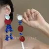 Pendientes Largos Asimétricos de Contraste Rojo y Azul para Mujer, Pendientes de Borlas Exagerados Retro de Nicho, Pendientes a Juego para Vestido Cheongsam de Novia
