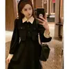 Vestido Largo Patchwork Bloque de Color con Botones y Diseño Ceñido a la Cintura, Versátil para el Trabajo, Vestido Falso de Dos Piezas con Cuello Polo para Mujer, Transfronterizo