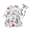 Vestido de rayas de Papá Noel de manga larga para primavera y otoño, estilo europeo y americano + pañuelo para la cabeza, conjunto de dos piezas para niños, moda de Instagram