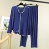 Conjunto de Pijama Feminino Modal Outono/Inverno Fino Simples Gola V Manga Longa Calça Longa Duas Peças Roupa de Casa Solto e Versátil
