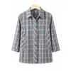 Camisa de Algodón a Cuadros de Alta Gama para Mujeres de Mediana Edad, Elegante Ropa de Verano, Top de Manga Tres Cuartos, Estilo Delgado para Mujeres de Mediana Edad y Mayores