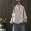 Blusa de manga longa feminina com estampa total, decote V, meio botão, pulôver, primavera 2025, atacado