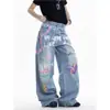 Jeans con Estampado de Graffiti de Colores Pesados de Diseño Retro Americano para Hombre, Pantalones Sueltos Rectos de Longitud al Suelo Estilo Punk