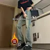 Vibras estilo americano, jeans de pierna curva para hombre, invierno, alta costura, corte limpio, azul retro, ligeramente acampanados, adelgazantes y forrados de felpa