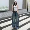 Calça jeans longa de lavagem vintage, com bolso irregular de design único para mulheres, modelagem solta e que afina a silhueta, calça de comprimento total, disponível para dropshipping