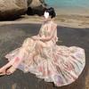 Sanya Estilo Francés Elegante Vestido de Cuello Estilo Vacaciones en la Costa Suave Súper Hada Mori Floral Vestido Largo Verano