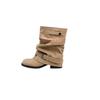 Em Estoque Entrega Imediata Novo Estilo Bico Redondo Salto Bloco Estilo Western Botas Curtas Macias com Cano Franzido, Botas Acamurçadas que Aumentam a Altura para Mulheres, Verão