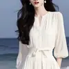 Vestido Sencillo y Elegante, Estilo Francés, Adecuado para Primavera y Verano, Chifón Blanco, Temperamento Femenino, Como una Diosa, Estilo Suave