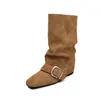 Botines de mujer hasta la pantorrilla con hebilla interior elevadora, botas de tacón alto de pierna ancha, nuevo estilo otoño/invierno, botines de montar sin cordones con punta cuadrada, botines individuales para mujer