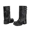 Botas femininas de outono e inverno plus size, de cano médio, bico redondo, sola grossa, plataforma impermeável, salto alto em couro, botas de montaria versáteis de qualidade de exportação para mulheres