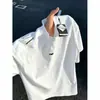 Camiseta masculina de verão estilo americano, manga curta, azul claro, toque gelado, secagem rápida, com estampa de letras, para esportes, atividades ao ar livre e badminton