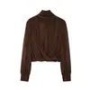 Novedad para Otoño 8/10 Principios de Otoño Estilo Francés Suave y Elegante Diseño Cruzado Manga Larga Cuello con Volantes Camisa de Mujer F1097