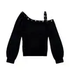Nova Coleção Outono/Inverno 2025 Estilo Personalizado com Rebites Elegante Manga Assimétrica Camiseta Feminina Slim Versátil com Efeito Emagrecedor Top