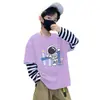 Camiseta de Manga Larga a Rayas con Cuello Redondo de Moda Estilo Coreano para Niños, Ropa de Primavera y Otoño, Niños Estampado de Dibujos Animados Capa Base Algodón Puro Fina