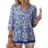 Camisa Babydoll Casual Solta de Manga Curta com Botões e Decote V Estampada Floral Boêmia Transfronteiriça Verão 2026