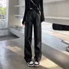 Calça de couro PU forrada com fleece, corte reto casual solto, design de perna larga estreita de cintura alta modeladora, tamanho petite, toque de alta qualidade, calça de couro para terno, tamanho XS