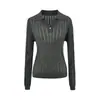 Elegante Suéter de Punto con Cuello Polo en V y Mangas Largas Huecas para Mujer, Estilo Commuter, Corte Ajustado que Favorece la Figura, Top Básico para Otoño