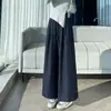 Calça larga de sarja com textura de bambu, imitando algodão e linho, para mulheres, novo estilo de outono, cintura alta, modelagem solta, casual, com fendas laterais, calça reta cropped