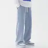 Jeans Azul Claro de Cintura Elástica para Hombre Talla Extra Grande Holgados Rectos de Pierna Ancha Casual Versátiles Pantalones Largos de Piso con Cordón