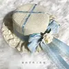 Lolita Chapéu de Palha Longo com Fita de Renda Doce Multicor Topo Plano Guarda-sol Feito à Mão Menina Doce