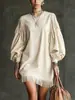 Vestido corto de estilo étnico multicolor, versátil, ajustado, con borlas y mangas de farol, superventas transfronterizo europeo y americano, para mujer, para el trabajo, vacaciones.