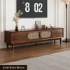 Juego de Mueble de TV y Mesa de Café, Tejido de Ratán Vintage con Marco de Madera Maciza, Mueble de Almacenamiento Estilo Francés para Sala de Estar, Cómoda Doméstica para Apartamento Pequeño