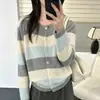 Cárdigan de punto a rayas con bloques de color y degradado para mujer, nuevo estilo primavera y otoño, suave y esponjoso, suelto, casual, cuello redondo, abrigo suéter top