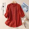 Camisa Holgada de Algodón y Lino con Bordado de Manga Tres Cuartos, Nuevo Estilo Verano 2026 para Mujer, Top de Algodón y Lino con Diseño Artístico Retro