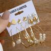 Set de Pendientes Geométricos Dorados Retro de Venta Caliente Transfronteriza para Mujer, Pendientes de Aro con Perlas de Moda, Pendientes con Incrustaciones de Diamantes al por Mayor