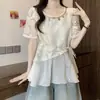 Blusa de Ganchillo Hueca de Manga Corta con Encaje Estilo Bohemio Azul Wzxsk para Mujer, Camisa de Verano Falsa de Dos Piezas que Cubre el Vientre
