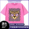 [Transfronteiriço 230g] Camiseta Feminina Retro Lavagem Ácida Estampa de Leopardo Estampa de Desenho Animado Gola Redonda Algodão Manga Curta Moda