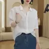 Verão Leve Respirável Lapela Polo Manga Cinco Pontas Design Casual Camisa Multi-Botões Moda Feminina Estilo para Ir ao Trabalho