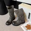 34-42 Botas de Cavaleiro com Fivela Maillard 2026 Outono/Inverno Novas Botas de Motociclista de Cano Médio Botas Pretas de Salto Médio Enrugadas