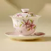 Conjunto de Chá Gaiwan de Três Peças com Flor de Cerejeira Roxa e Rosa Pintado à Mão, Tigela de Chá Doméstica Individual de Cerâmica de Alta Qualidade com Tampa, Xícara de Chá, Conjunto de Chá Kung Fu
