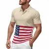 Camisa Polo Masculina Americana Fina de Seda Gelada de Secagem Rápida Camiseta Masculina Verão Bandeira Americana Estampada Gola Lapela Manga Curta