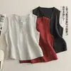 Foto Real de Chaleco de Color Sólido Artístico de Cuello Redondo de Algodón y Lino con Tirantes para Mujer, Tops Versátiles Casuales sin Mangas para Capas de Verano para Mujer