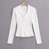 Estilo Deseo Puro Sexy Cuello en V Profundo Manga Larga Camiseta de Mujer Commuter Simple Elegante Ajustado Adelgazante Top Básico para Fregar