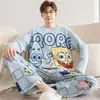 Pijama para Hombre Manga Larga Algodón Puro Primavera y Otoño Delgado Estudiante Joven Dibujos Animados Ropa de Casa Holgado Tallas Grandes Traje