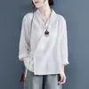 Camisa bordada de algodón y lino estilo chino para mujer, camisa diagonal con botones, manga larga, otoño, estilo chino, top hanfu, ropa de té