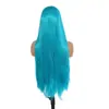 Peluca de encaje sintético azul con cabello largo y liso, encaje frontal 13*4, atada a mano, fibra mate de alta temperatura, peluca completa